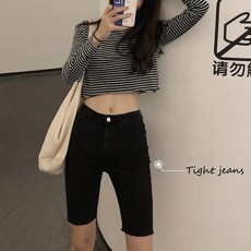 미래물 춘하 넷 홍조 스판 하이웨이스트 연필 스키니 5부 팬츠 블랙 진 반바지ZZW