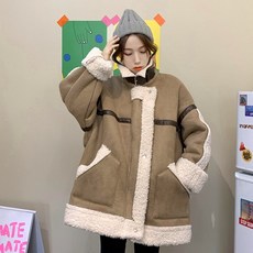 겨울 패치워크 가죽끈 스탠딩카라 와이드 루즈핏 캐쥬얼 하프기장 면코트 여성