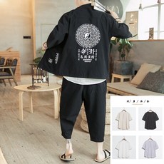 리빙리버 한복 린넨세트 차이나 면린넨 에스닉 남자 청년 중국식 플라워 프린트 도 두루마기 불복 유니폼 여름