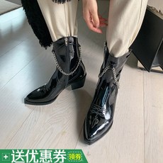 여자유광워커 가죽 통굽 체인 워커 여자뾰족 서부 데님 첼시부츠 광택가죽 굽이얕은부츠