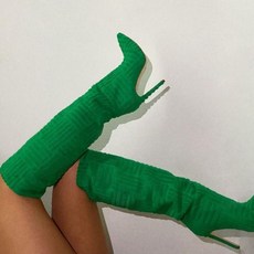 여성용 싱글 부츠 포인티드 플러스 플리스 레그 워머 기하학적 하이 부츠 편안한 따뜻한 힐 패션 부츠 겨울, 40, green