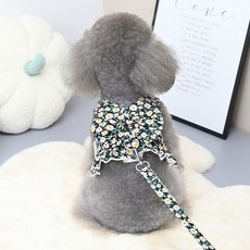 강아지 옷 얇은 국화꽃 나시 스커트 가슴 멜빵 견인 끈 애완 고양이, 짙은 녹색 가슴과