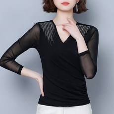여성 라인 댄스복 상의 긴팔 브이넥 비즈 티셔츠, 2XL, 블랙