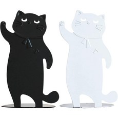 Umora 귀여운 고양이 철제 북 스탠드 북엔드 북스토퍼 칸막이 스탠드 서류 넣기 탁상 수납 책장 입상 2장 1조(흑백)