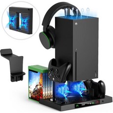 FYOUNG 컨트롤러 충전소 독이 있는 Xbox Series X용 수직 냉각 스탠드 8 게임 저장 정리함이 듀얼 흡입 쿨러 팬 시스템 스탠드 액세서리 헤드셋 행거 업그레이