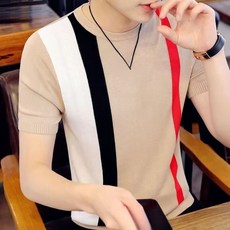 여름 캐주얼 남성 데일리 스트라이프 티셔츠 슬림핏 몸매 강조 라운드넥 줄무늬 디자인 반팔 니트 소재 통기성 쾌적 일상생활 활용성 코디 포멀룩 매치 반팔 티셔츠