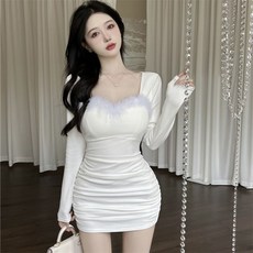 besteffie 가을 봄 미니원피스 긴팔 스퀘어넥 털달린 슬림핏 홀복 파티복 섹시 셔링 클롭 원피스 겨울 B21