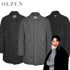 F/W 0LZEN 올젠 남성 트렌치 코트 패딩 미들 기장 광택감 보온성을 높인 싱글 히든 버튼 하프 맥코트 점퍼 정장 캐주얼 남자 트렌치 반코트 패딩 블루햇님 1회용 손소독제 증정