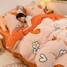 하다맘 배드 고극중 4건 4종 이불커버 활성 플라워 프린트 심플 양면 플리스 팔레르 밀크 산호, 스위트 꿀 오렌지