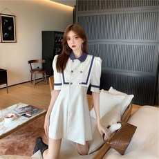 토이윙 여성의류원피스 학원 무드 블러킹 마린넥 여름 허리보정 보여 슬림 짧은