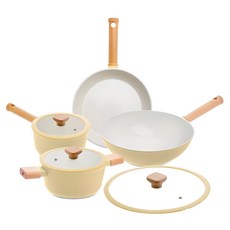 Sisem 電磁爐適用Cream陶瓷塗層平底鍋湯鍋 5件組, 1組, 黃色奶油, 煎鍋28cm+炒鍋28cm+玻璃蓋28cm+單鍋18cm+雙鍋20cm
