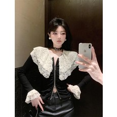 프렌치 레이스 인형 칼라 벨벳 셔츠 복고풍 스타일