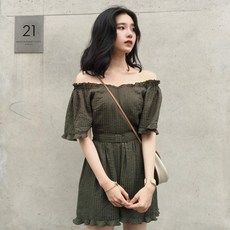 프릴 오프숄더 반팔 레이스 쉬폰 숏 밴딩 점프수트_도매