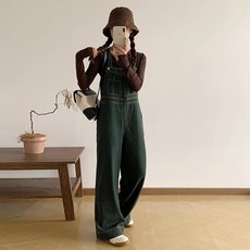 데님점프수트 빅사이즈 맬빵 와이드 H라인 데미지 포켓 임산부 여성 팬츠