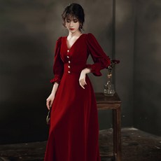 부부스튜디오 긴 소매 신부 겨울 가을 계절 결혼 약혼함 친정 나들이 이브닝드레스 여성 평소 벨벳 x2개