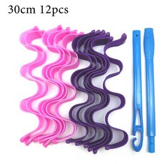 셀프펌 헤어 셋팅기 롤 12피스 Heatless Hair Curler 스타일 롤러 스틱 Magic 루프 웨이브 Formers Curlers 메이크업 스타일링 도구, [05] Pink and rple