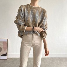 멋쭈 아가일 루즈핏 라운드니트 2color