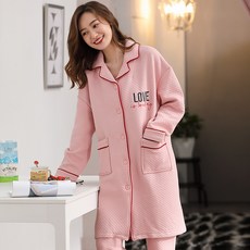 블루썬 순면커플잠옷 가운 코튼 하프기장 겨울 타입 얇은 삼층 겹 면파자마 남자 봄가을 실내복 홈웨어
