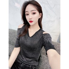 오프숄더니트원 가을옷 핫멜트 브이넥 선명한 레이스 핑크 여성 5부 소매