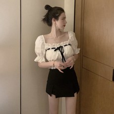 레이빈컴퍼니 퍼프소매 셔츠 빅사이즈 스퀘어넥 여성 반팔 여름 하이웨스트 트임 절개 슬릿 노출방지 치마바지 커버