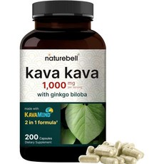 NatureBell Kava 캡슐 1000mg 징코 빌보바 은행잎 추출물 200정 Noble 뿌리 Active Kavalactones Herbal KavaMind Relaxatio, 200개, 1개