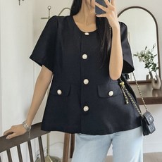 로로텐 트위드 노카라 반팔 자켓 라운드넥 여성 빅사이즈