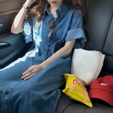 2021 여름 한국 스타일 느슨한 복고풍 데님 스커트 여성 블루 대형 셔츠 스커트 게으른 스타일의 슈퍼 롱 드레스