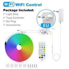 스마트 홈 와이파이 LED 네온 라이트 Tuya 라이프 블루투스 앱 컨트롤 블랙 실리카 젤 튜브 RGB 스트립 알렉사 구글 W, 04 WiFi With EU Plug_02 2m, 1개