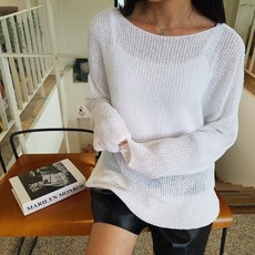 상상그이상 여성용 국내제작 시스루 입술넥 긴팔니트 여리여리 끝판왕 루즈핏 롱기장 그물니트 간절기 날씬해보이는 보트넥 골지니트