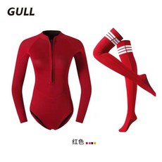 래쉬가드 중국산 GULL위아래연결된 슬림핏 잠수복 여성롱 스타킹 세트포장 자외선차단 타이트 래시가드 스노클링 수상, C14-진빨강 위아래연결된 상의+레드 배합 L양말