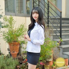 신축성좋은 여자 라운드카라 흰색 교복블라우스 (라이트블루) 3XL