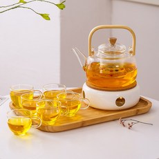 대나무 핸들 내열유리 찻잔 티포트 티워머 세트, 대나무 빔 냄비 + 둥근 구멍 따뜻한 차 기본 유형 A + 6 투명 컵 + 직사각형 트레이