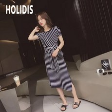 HOLIDIS 여름 패션 반팔 스트라이프 원피스 라운드 레이스 수유 원피스 (지퍼 있음 지퍼 없음 옵션)