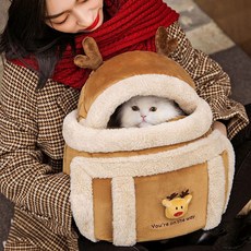 강아지 고양이겸용 포근한 애견 이동가방 체크곰 루돌프 반려동물이동백 프론트백 겨울 산책, 브라운