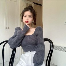 여성 겨울 벌룬 퍼프 스퀘어넥 크롭 골지 앙고라 니트 티