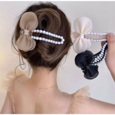 진주 쉬폰 리본 집게핀 올림머리