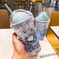여름 아 이 스 컵 소녀 하트 파란색 바다 귀엽다 신선 하 다 플라스틱 빨대 컵 여학생 판 그 라 데 이 션 더 블 냉동 컵 물 컵 2 마리 상어 450 ml 배합 솔, 상세페이지 참조