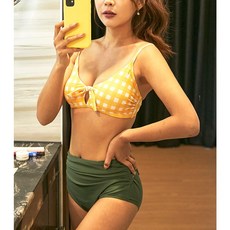 쉬즈픽 섹시 하이웨스트 비키니 예쁜 체크 수영복, 옐로우그린