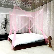여름 행잉 모기장 4 문짝 궁전 모기 커튼 침대 곤충 방지 폴리에스터 얇은 명주 그물 메쉬 침실 장식, 210x240x190cm, Pink Mosquito Net, 1개
