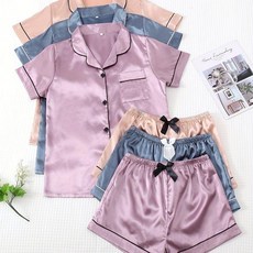 새틴 잠옷 3종 세트 반팔 라펠 상의 보우 반바지 여성 수면복 라운지 웨어