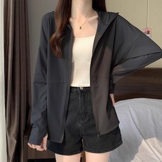 ANYOU 자외선 차단복 UPF50+ 집업 여성 루즈핏 후드, 블랙