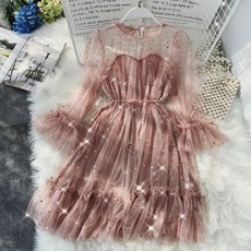여성 의류 섹시한 원피스 매쉬 소매 시스루 원피스 ZMHJ