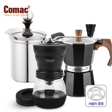 코맥 모카포트 우드 3컵 + 우유거품기 400ml 세라믹날 커피밀 유리(원통) (E4+S7+MG1) 사발이, 1개