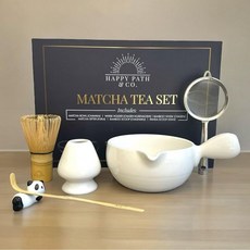 HAPPY PATH CO. 티 스쿱 스푼 티스푼 커피 해피패스앤코 말차 거품기 6종 세트 거품기차센 스파우트 손잡이가 있는 그릇 120구 대나무 체 팬더 홀더 포함 화이트 키트, 1개