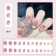 여름 요정 꽃 패턴 네일 아트 인조 손톱 접착제 핑크 보라색 숏 웨어러블 착용 도구 포함 24 개, XN-17, 1개