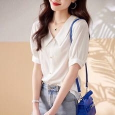 브이넥 단정 카라넥 캐주얼 슬림핏 여성 반팔 블라우스