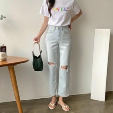데미지 무파진 찢청 연청 데님 7부 일자통 청바지