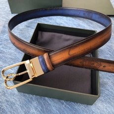 Berluti SS24 남성 가죽 조각 프린트 사치 회전 가능한 양면 벨트 로고 프린트 비즈니스 정장 벨트 배색