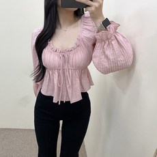 VANANA2 여성 하트 라운드 스퀘어넥 긴팔 프릴 밴딩 플레어 오프숄더 투웨이 블라우스