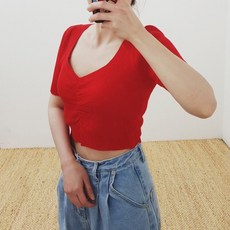 마가렛 여름니트)여름신상 브이넥 가운데꼬임 가슴꼬임 크롭니트 배꼽 숏니트